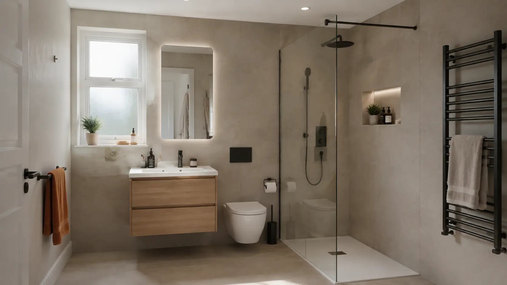 Renovated bathroom with a walk-in shower and floating vanity