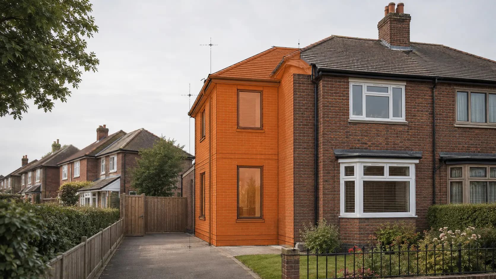 Double-storey side extension shown in orange over the existing house, ahead of construction