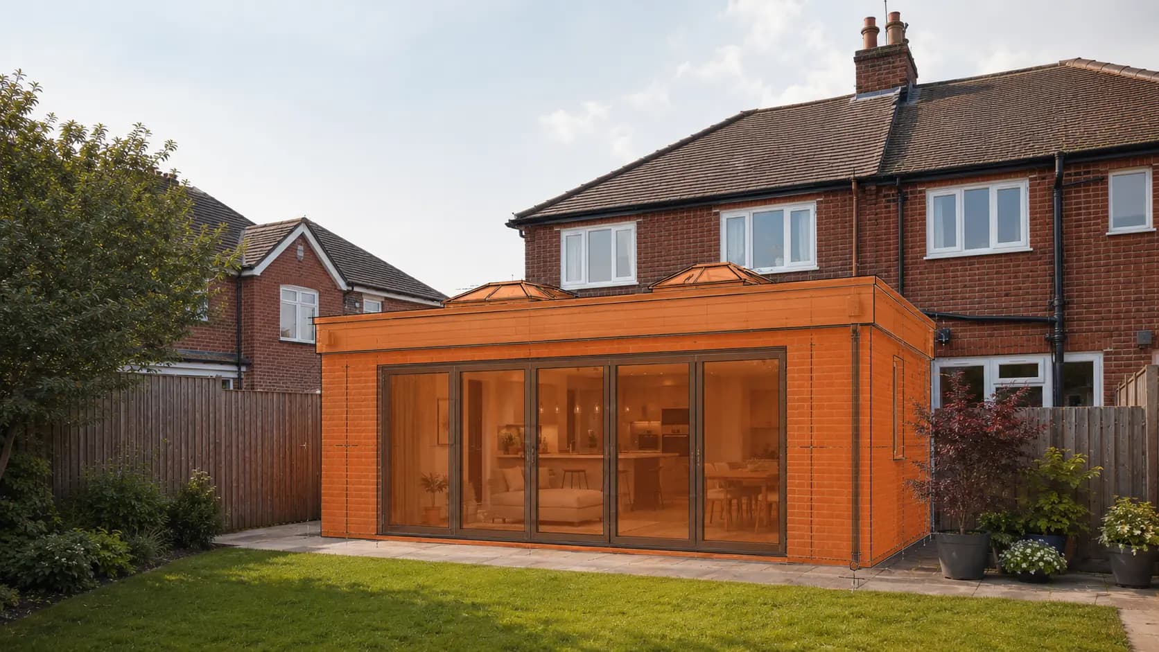 Rear extension shown in orange over the existing house, ahead of construction