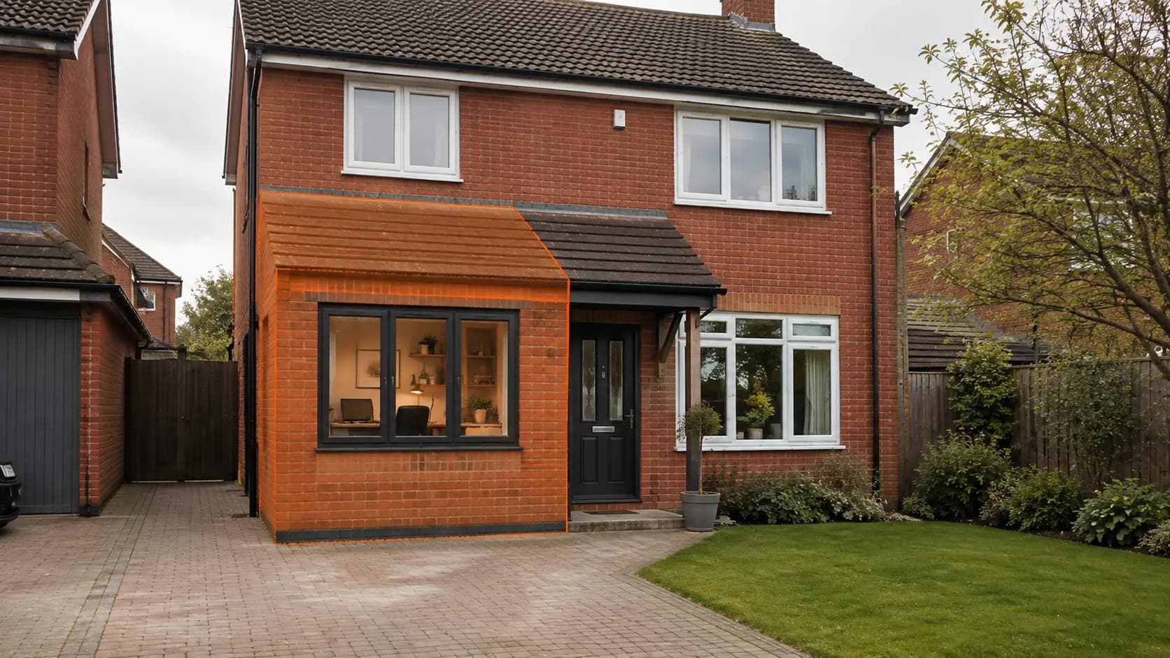 Garage conversion shown in orange over the existing house: the garage footprint converted into a home office