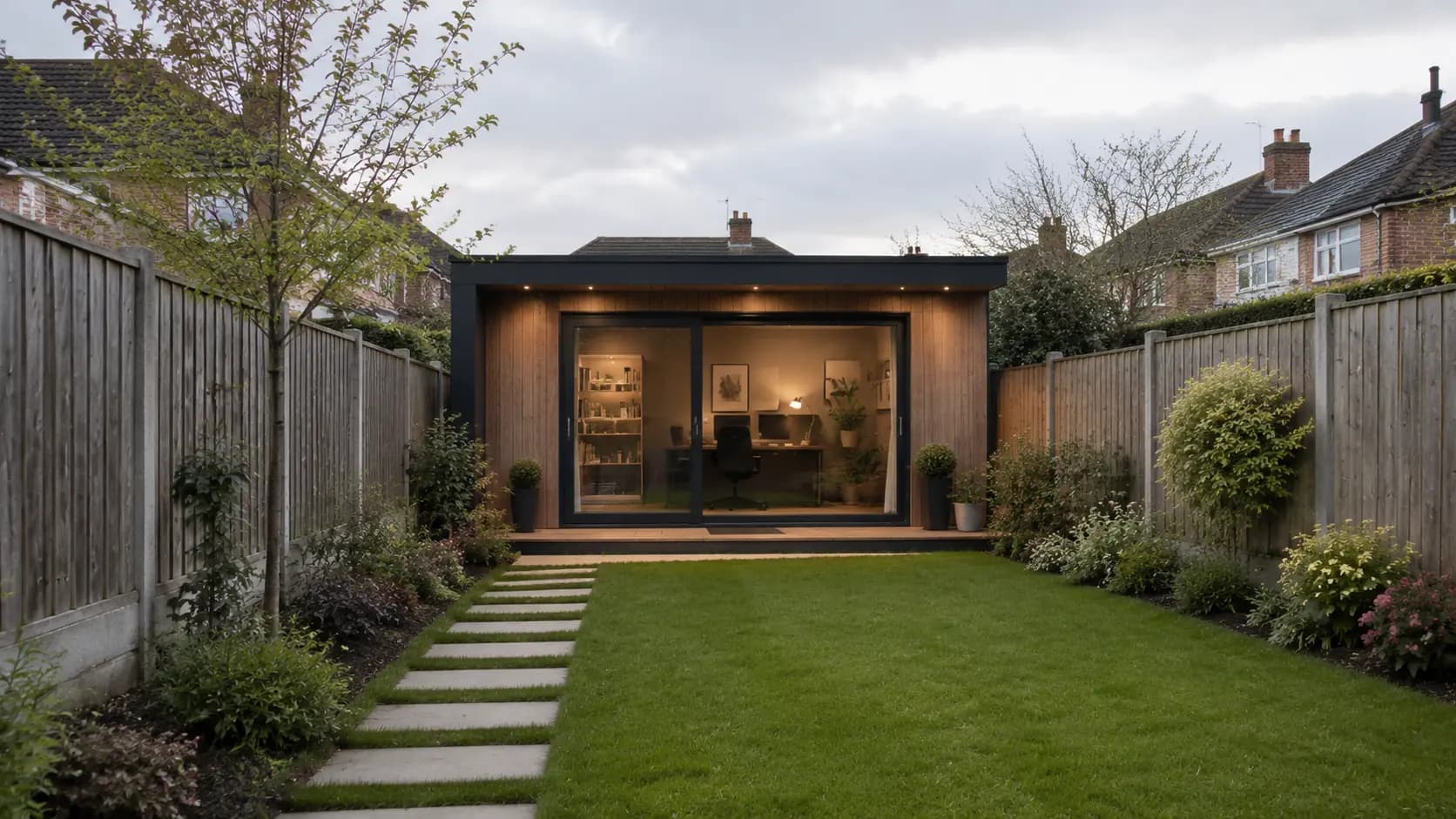 Timber-clad garden room home office at dusk, interior lighting on