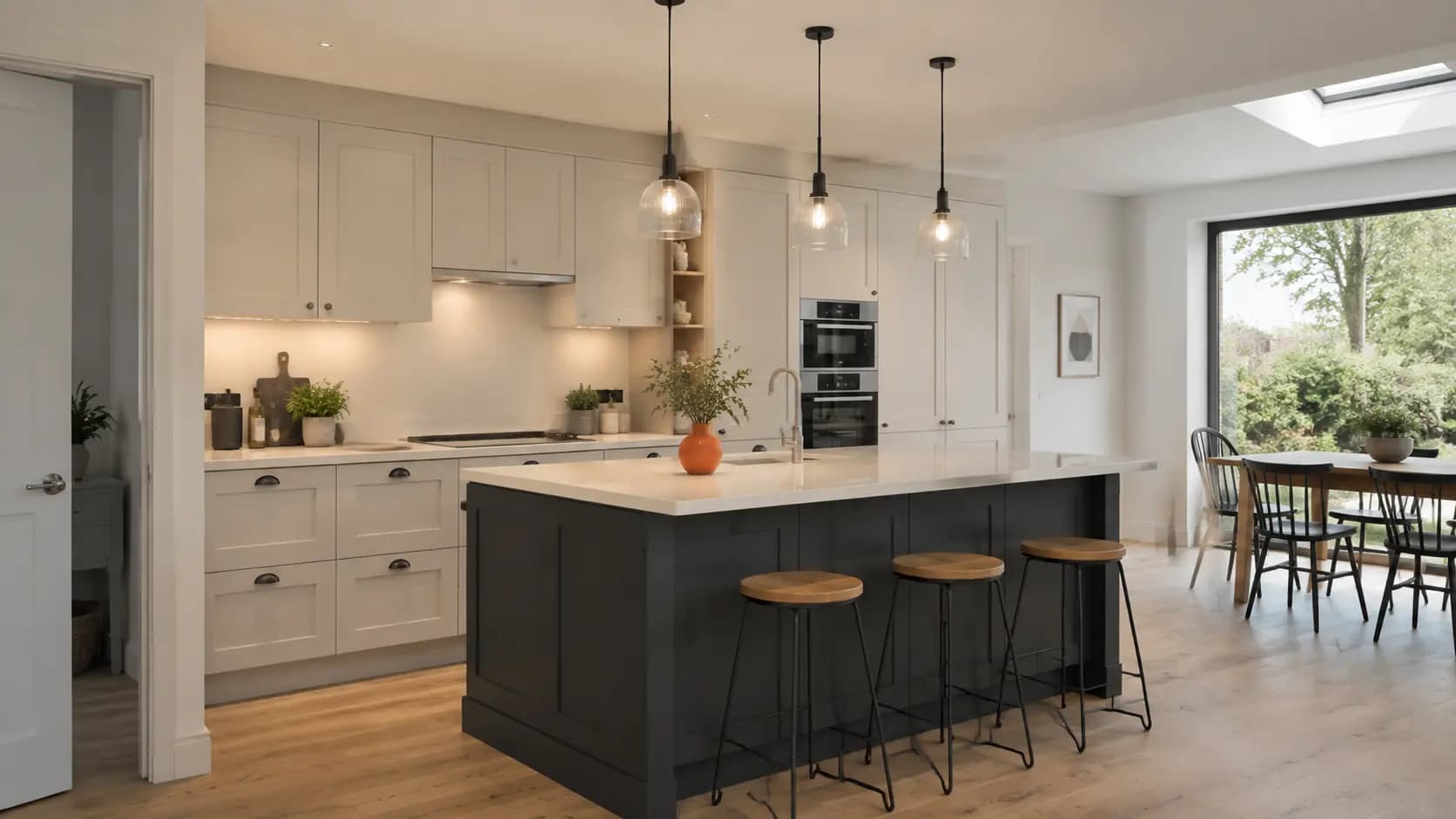 Renovated kitchen with a large island, pendant lighting and bar stools